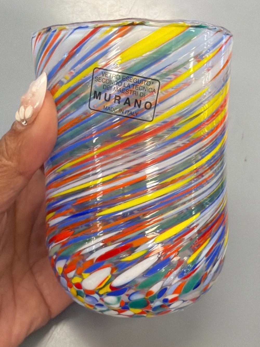 2 Murano Multicolor Swirl Glass Tumblers Set Hand Blown Italian Art Barware
